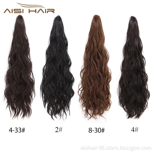 Aisi Hair Heat Resistant Fiber Long Wavy Dark Brown Claw On Ponytail Hair Extensions Claw Pony Tail Synthetic Hairpiece